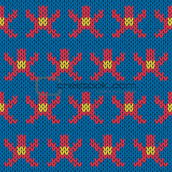 Knitting ornate seamless pattern with geometric figures over blu