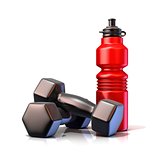 Red plastic sport bottles and black weights. 3D render isolated 