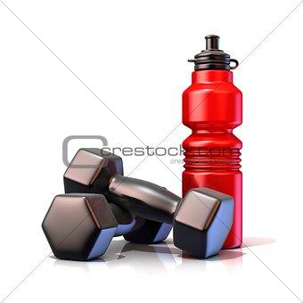 Red plastic sport bottles and black weights. 3D render isolated 