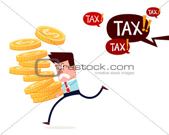 young successful businessman carry stack of gold coins running away from paying taxes