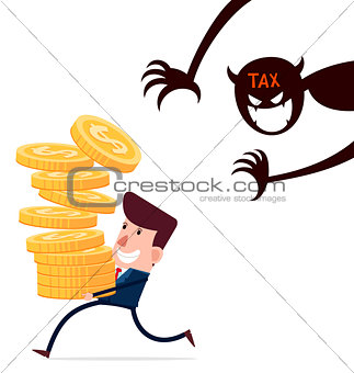 successful businessman carry stack of gold coins enjoy his hardwork haunted by taxes 