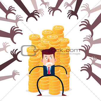 successful businessman guarding stack of gold coins from various financial threat