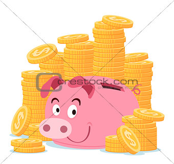happy piggy bank surrounded by stack of gold coin
