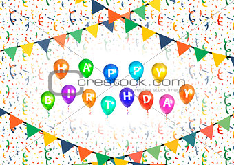 Happy birthday party background with balloons, buntings garlands and confetti