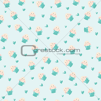 cute rabbit in teacup and hearts illustration, seamless pattern on blue background