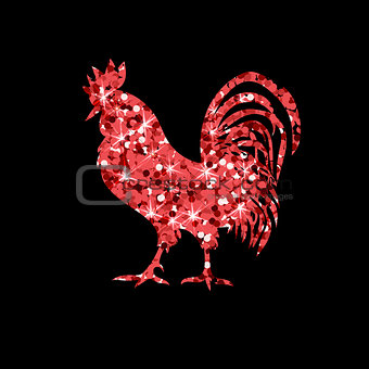 Red glitter rooster on black background.
