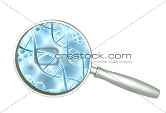 Magnifying glass and model of DNA structure and molecules