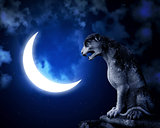 Ancient lion statue and crescent on night sky background