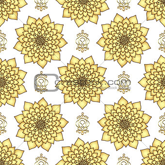 Vintage seamless pattern with golden lotus flowers
