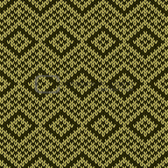Knitting ornate seamless pattern in muted green and khaki colors