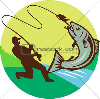 Fly Fisherman Hooking Salmon Circle Rero