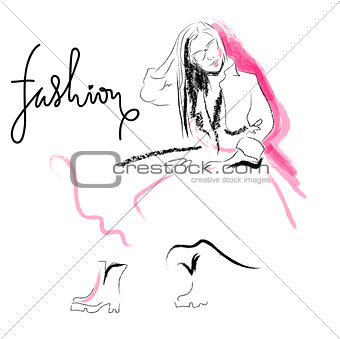 Fashion sketch drawing girl.