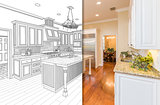 Split Screen Of Drawing and Photo of New Kitchen