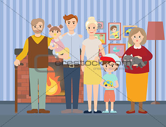 Big modern family at home vector illustration