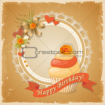 birthday card with cake , ribbon and rose