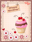birthday card with cake, cherry, hearts and flowers