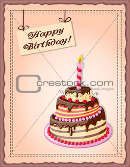 birthday card with cake tier, candle, cherry and text