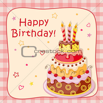 birthday card with cake tier, candles, cherry and text