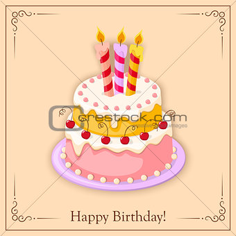birthday card with cake tier, candles, cherry and text