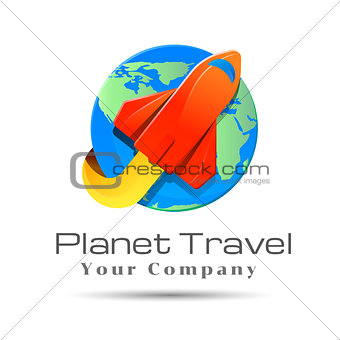 Globe with airplane logo template. Vector business icon. Corporate branding identity design illustration for your company. Creative abstract concept.