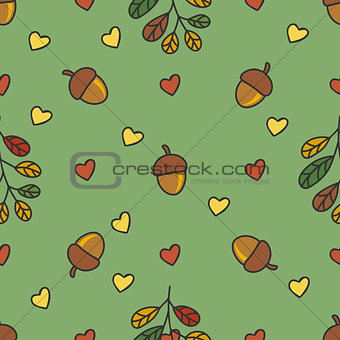 autumn pattern with nuts, leaves, hearts.