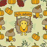 Autumn pattern with hedgehog, leaves, pumpkin, kalina, mushrooms.