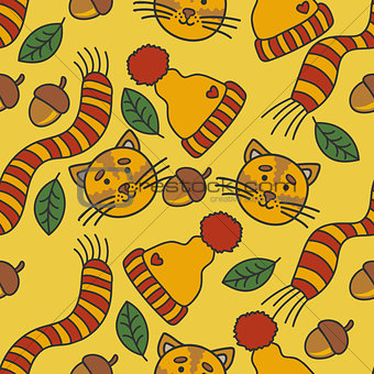 Autumn pattern with cats, hat, scarf, leaves and nuts.