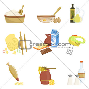 Baking Process And Kitchen Equipment Set Of Isolated Items