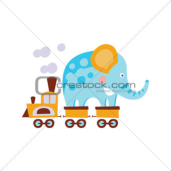 Elephant On Train Wagon Stylized Fantastic Illustration