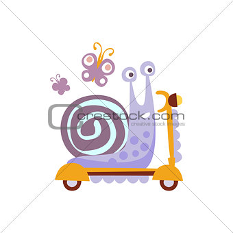 Snail Riding A Scooter Stylized Fantastic Illustration
