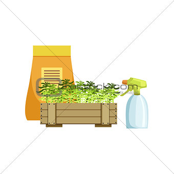 Set Of Plants In Crate And Bag With Fertilizer