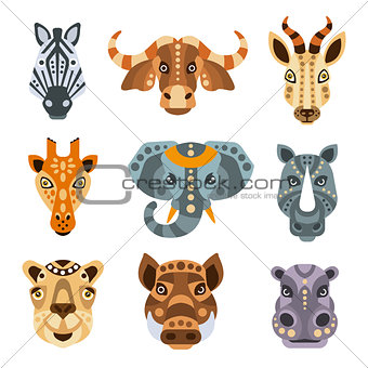 African Animals Stylized Geometric Portrait Set