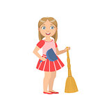 Girl Holding The Broom And Duster