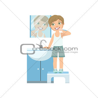 Boy Brushing The Teeth In Front Of Mirror