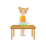 Girl Cleaning The Wooden Table
