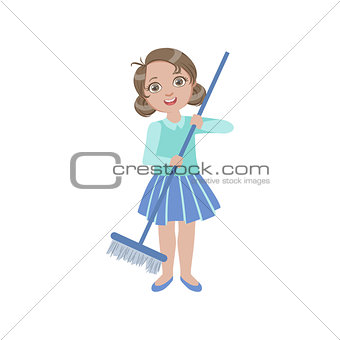 Girl Sweeping The Floor With The Broom