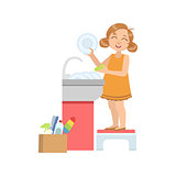 Girl Washing The Dishes In Tap