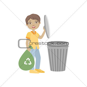 Boy Taking Out Recycling Garbage Bag