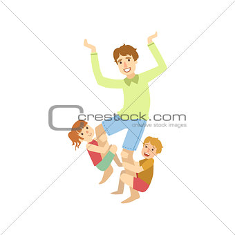 Father Trying To Shake Off The Kids Hanging On His Legs