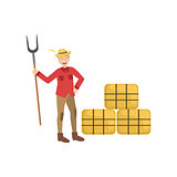 Guy With Farm Fork And Three Hay Stacks
