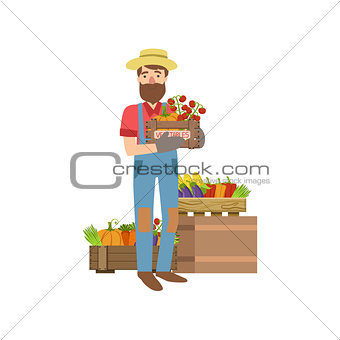 Farmer With Beard Holding Wooden Crate  Vegetables