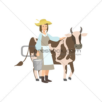 Milkmaid With Cow And Metal Bucket  Milk