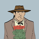 Retro male Hispanic with a bouquet of flowers