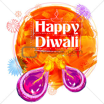 Burning watercolor diya on Happy Diwali Holiday background for light festival of India