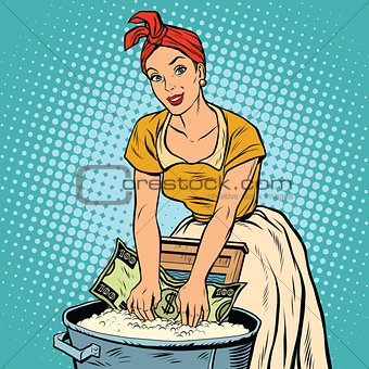 money laundering business concept, retro woman washes the dollar