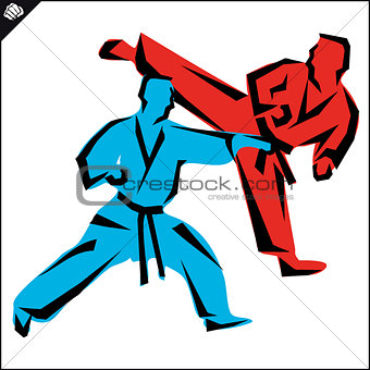 Martial arts. Karate fighters silquette high kick. Vector. EPS.