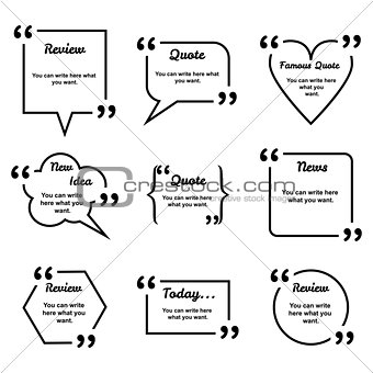 Set of vector black different geometrical form quote templates isolated on white.