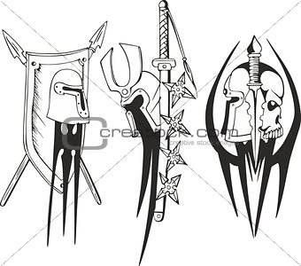 tattoo sketches of Teutonic crusader shields and helmets