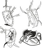 tattoo sketches of knight shields with blades