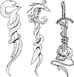 Tattoo sketches with snakes, daggers and skull
